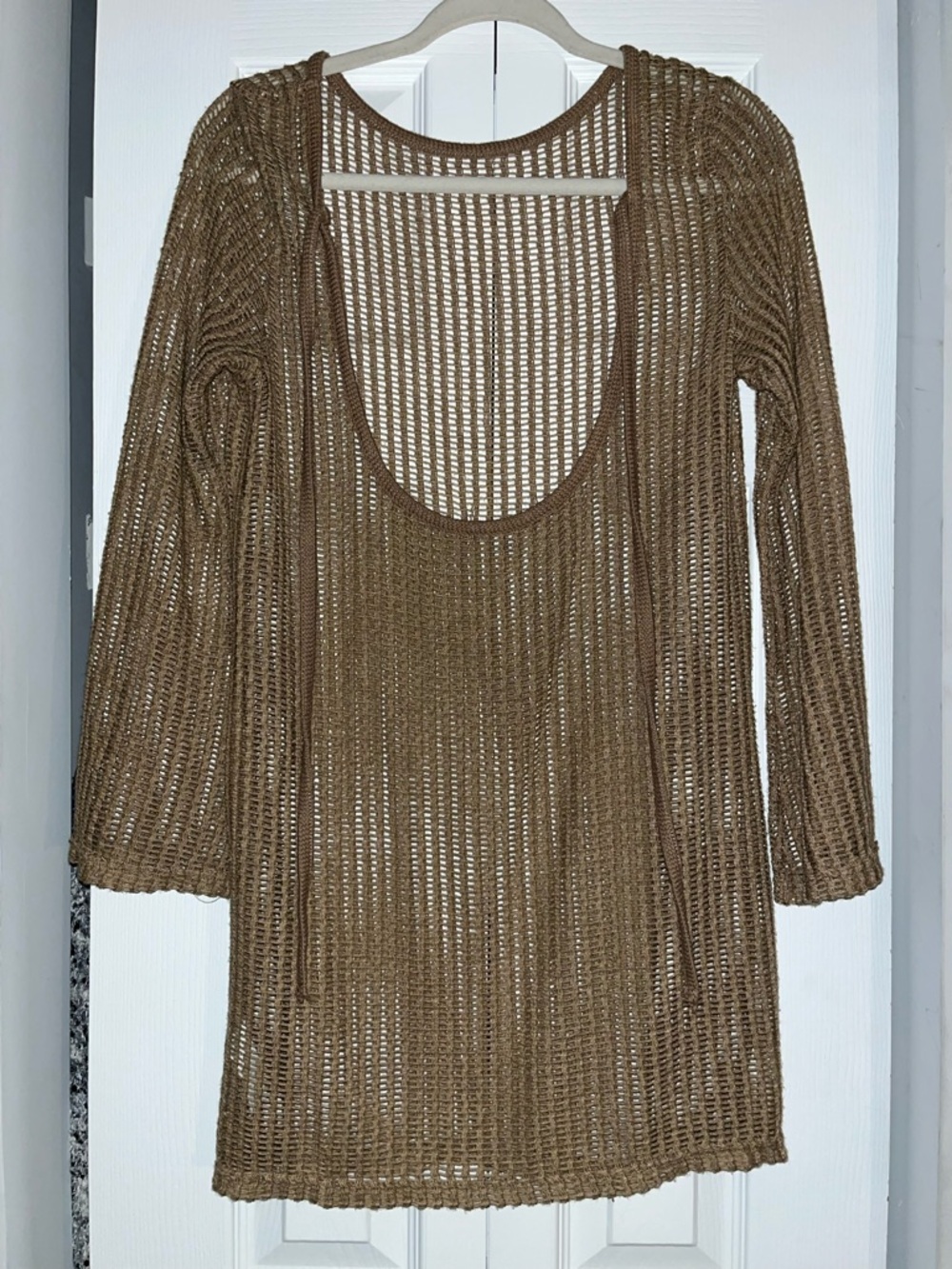 Sheer Open-Weave Tunic Sweater in Brown